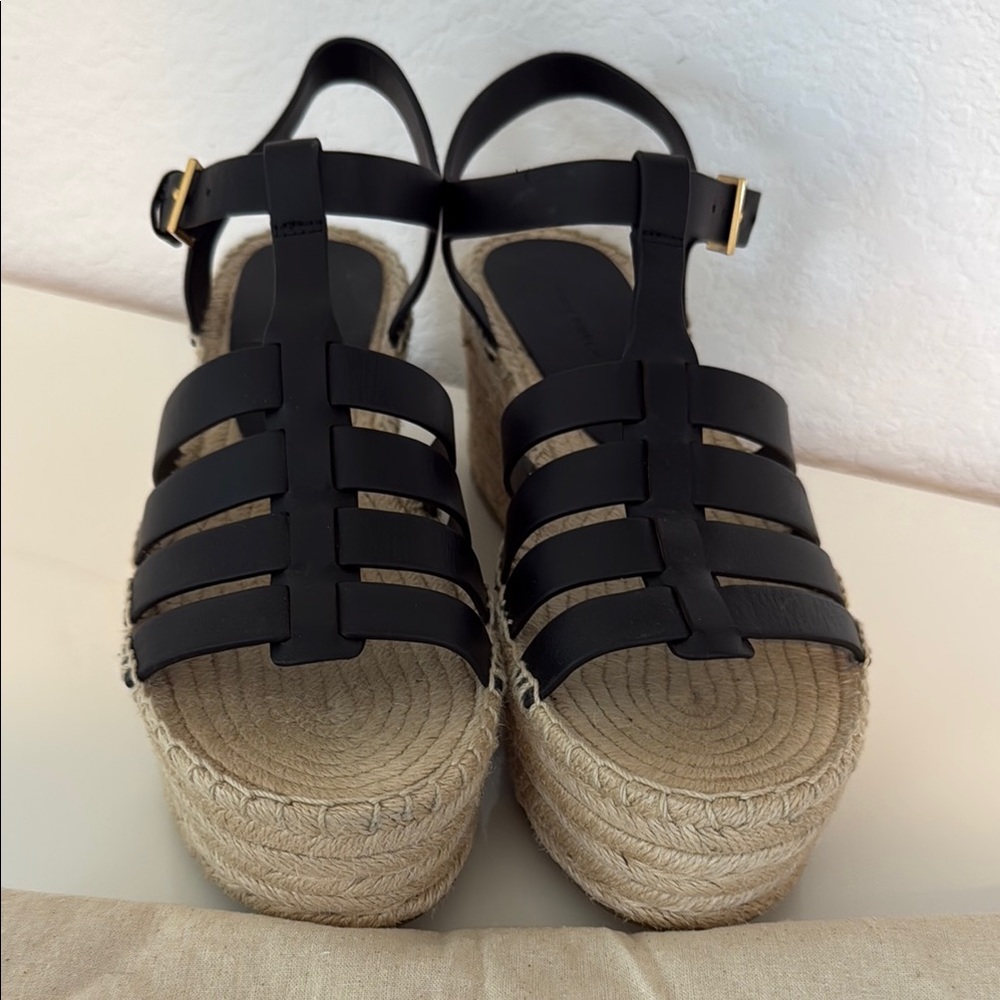 Tory Burch Black Leather Espadrille Wedge Sandals - Picture 2 of 8